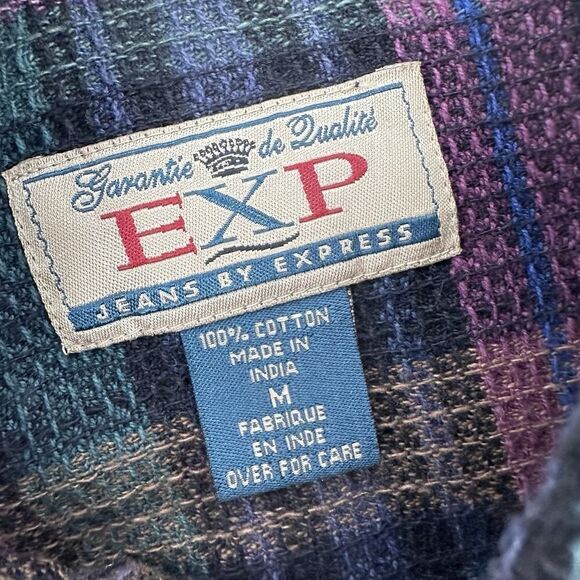 Vintage Express Shacket Womens Size M Purple Plaid Zip 90s Cotton Waffle Knit - Picture 11 of 14
